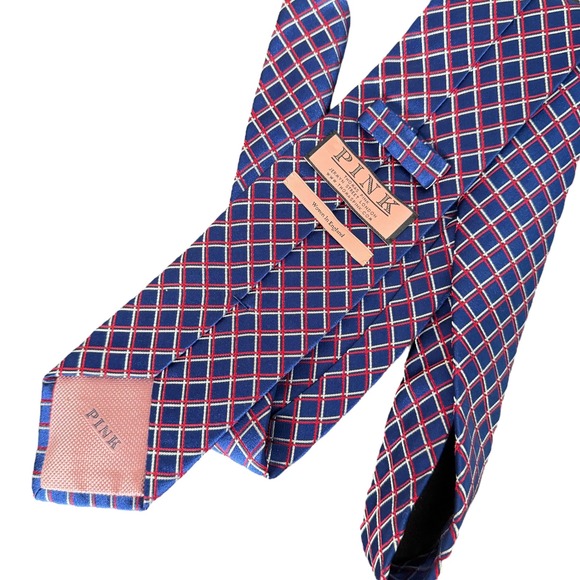 Thomas Pink‎ Woven In England Red White Blue Necktie Diamond Pattern Striped - Picture 1 of 7